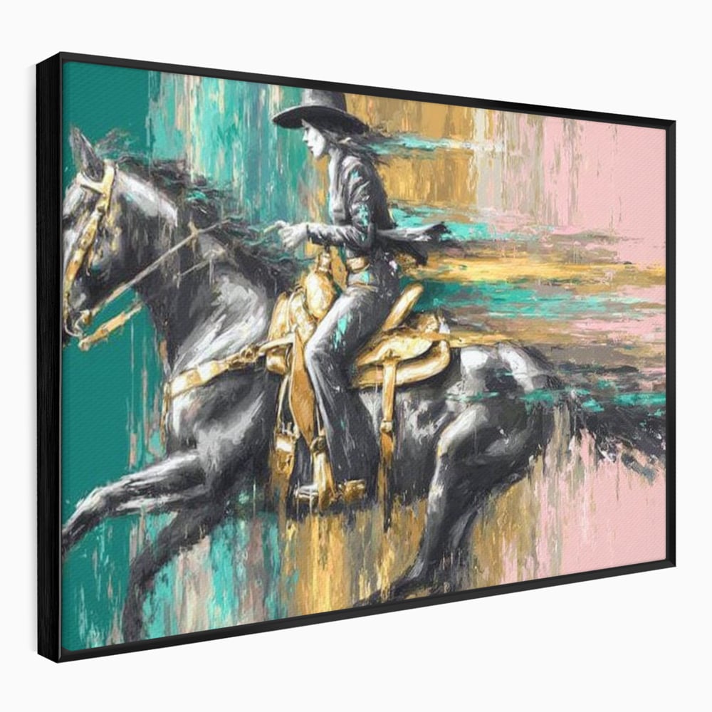 Tablou canvas cu pictura cu femeie calare pe armasar, in rama de aluminiu negru